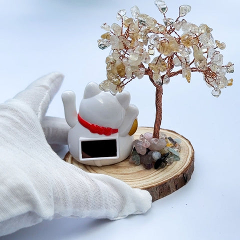 White Crystal Waving Cat Ornament for Wealth and Prosperity